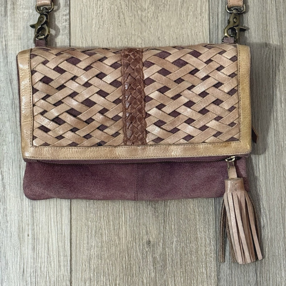 Anabaglish Purple Suede Woven Leather Crossbody Boho Hippie Distressed Bag